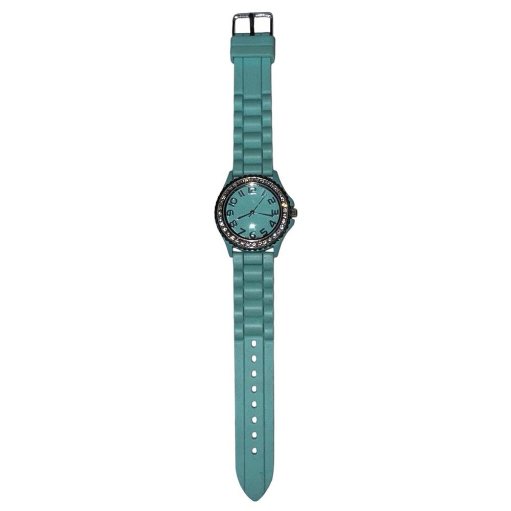 Stainless Steel Light Blue Silver Gemstone Rubber Band Watch